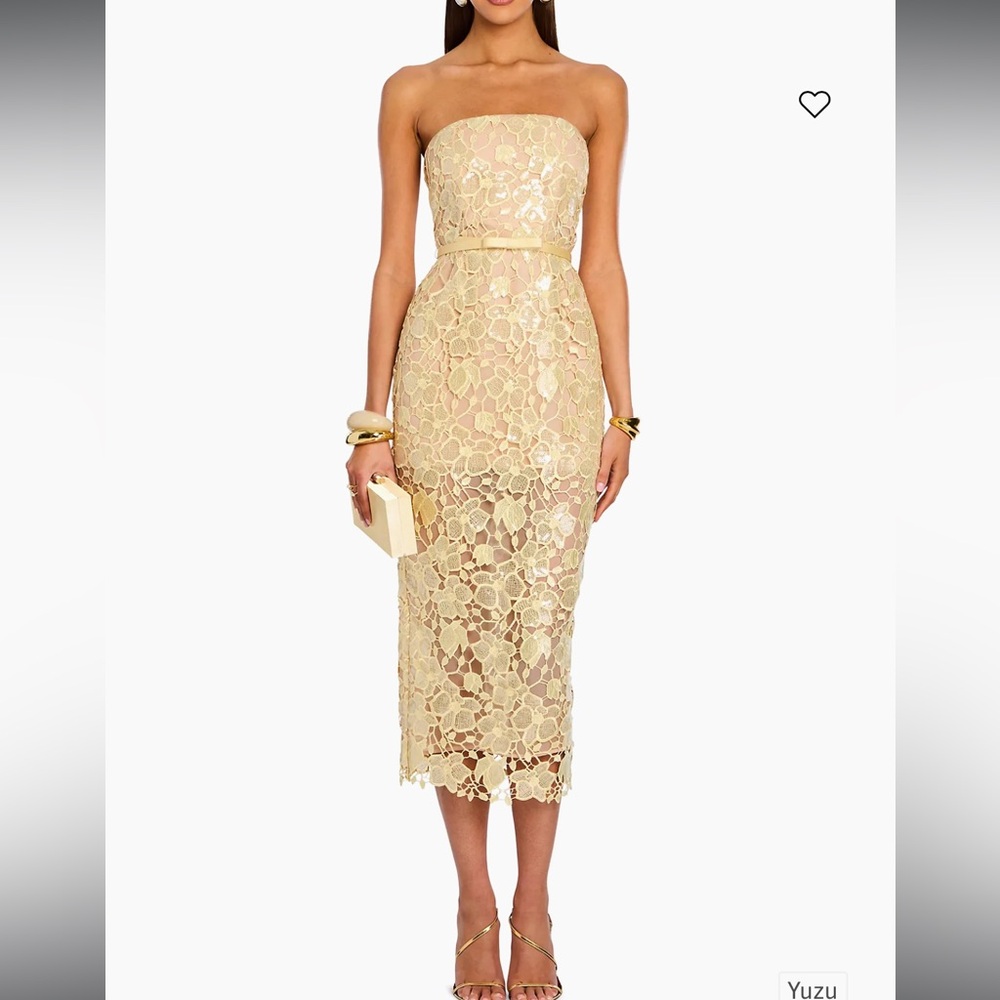 Retrofete Rowena Strapless Lace Dress Yellow and Cream